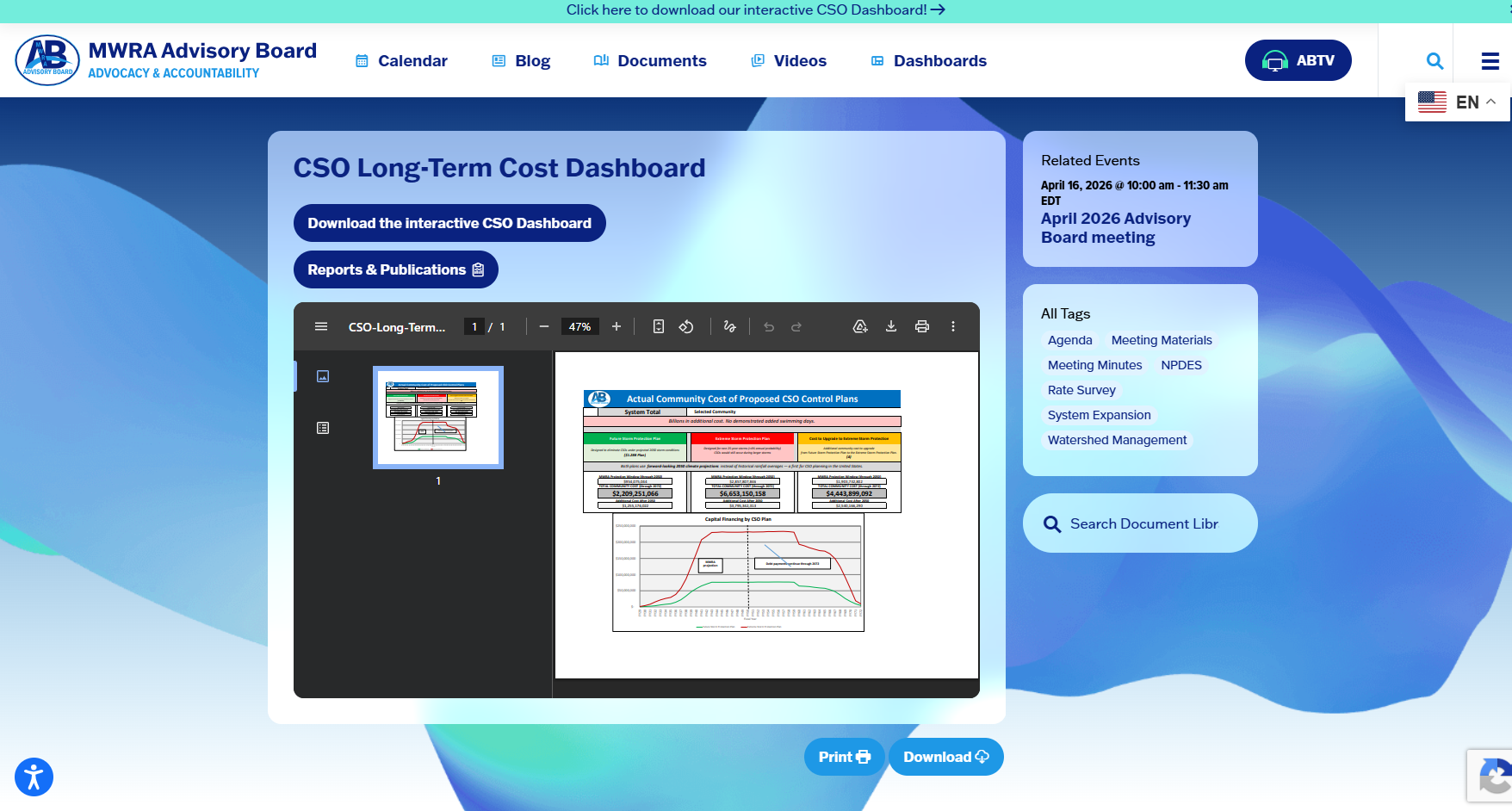 Screenshot of the Advisory Board CSO Long-Term Cost Dashboard page and downloadable dashboard preview